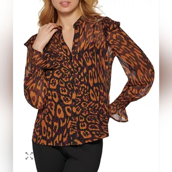 DKNY Leopard Animal Print Ruffle Button Up Shirt -  Size Large - Picture 1 of 8